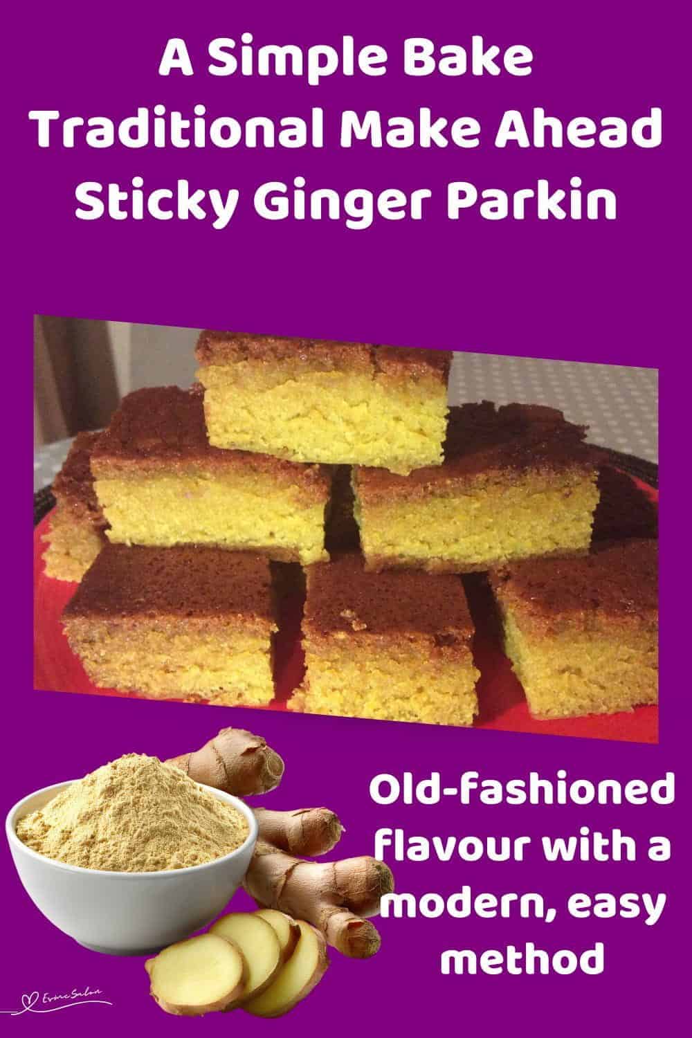 An image of 6 cubes of Traditional Make Ahead Sticky Ginger Parkin stacked on one another
