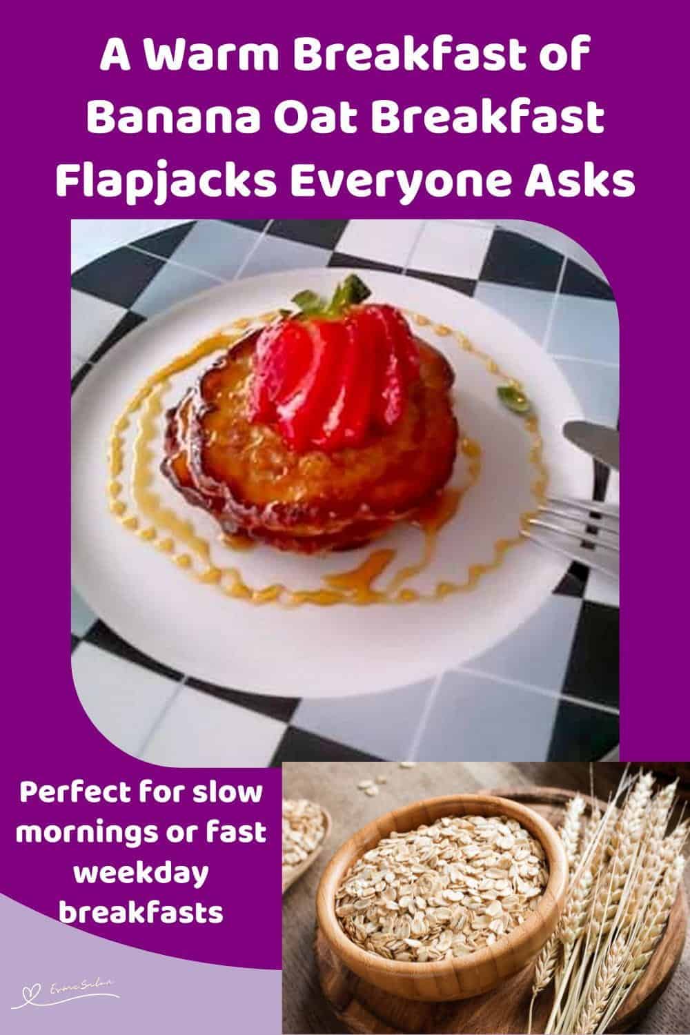 An image of a stack of Banana Oat Breakfast Flapjacks with a sliced strawberry and syrup