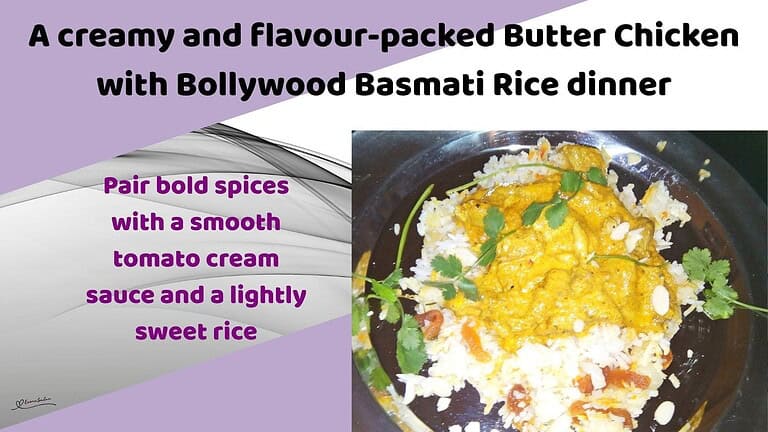An image of a plate filled with Butter Chicken with Bollywood Basmati Rice