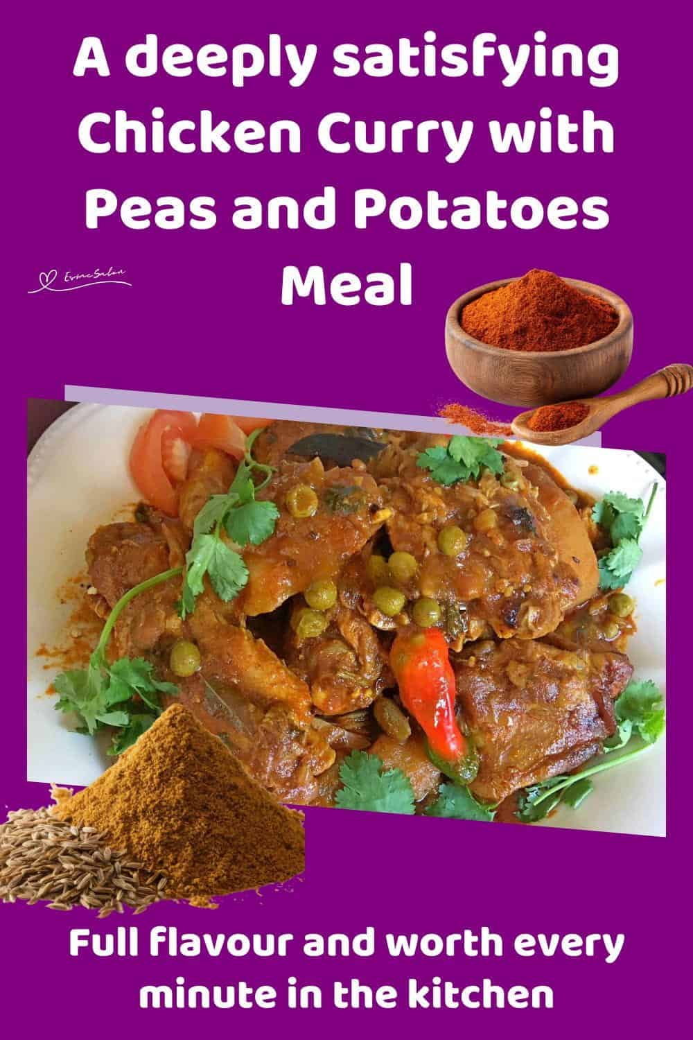 An imageof a white plate filled with Chicken Curry with Peas and Potatoes