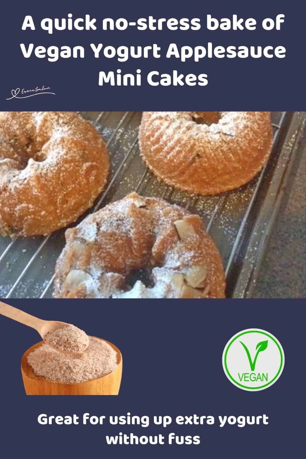 An image of Small Bundt Vegan Yogurt Applesauce Cakes with almonds and dusting of icing sugar