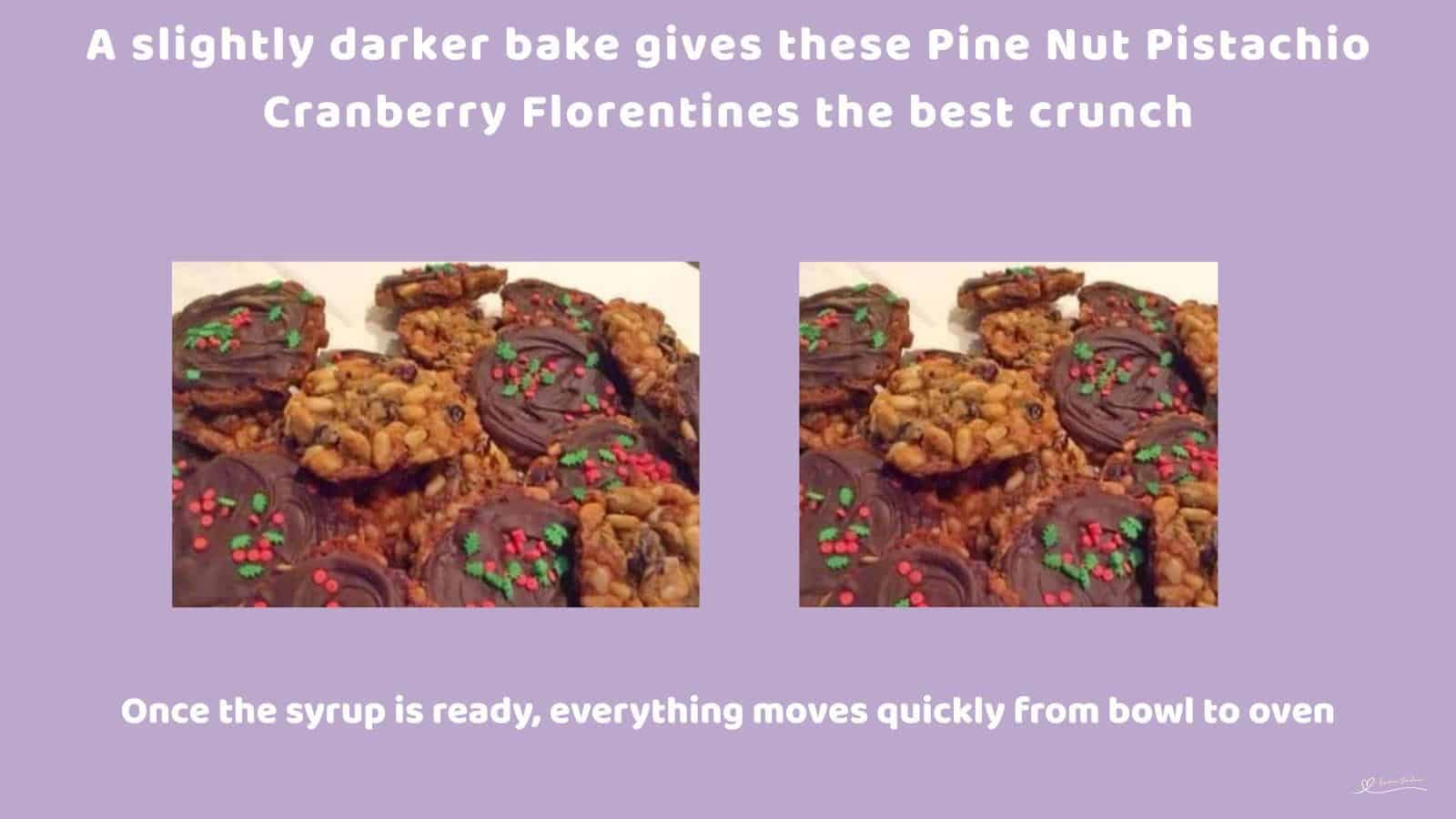 An image of a stack of Pine Nut Pistachio Cranberry Florentines with chocolate bottoms and fancy Christmas Sprinkles