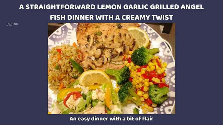 An image of a plate with Lemon Garlic Grilled Angel Fish, rice and veggies