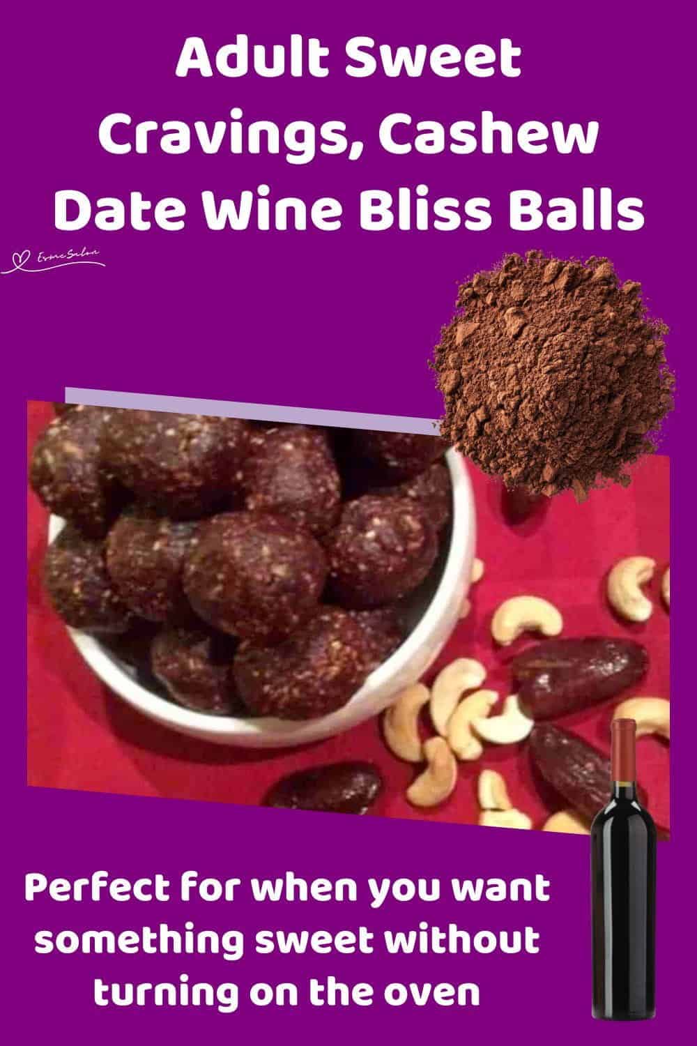 An image of a white bowl with Cashew Date Wine Bliss Balls on a red background