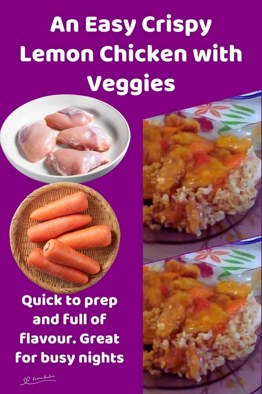 An image of Crispy Lemon Chicken with Veggies served on a bed of rice
