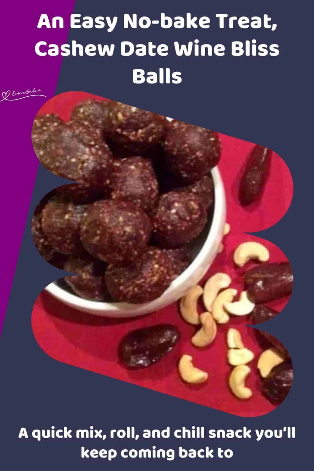 An image of a white bowl with Cashew Date Wine Bliss Balls on a red background