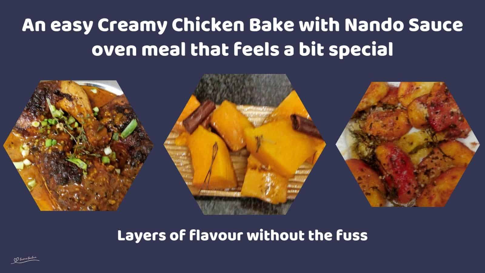 An image of Chicken Bake in Nandos Sauce with a side of pumpkin and baked potatoes