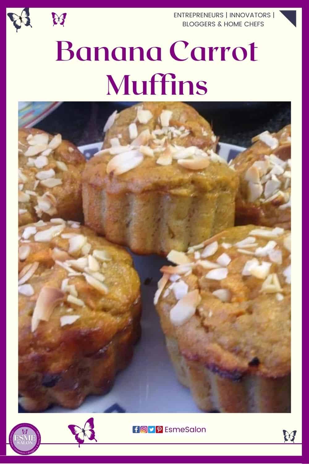 an image of 6 Banana Carrot Muffins with slivered almonds