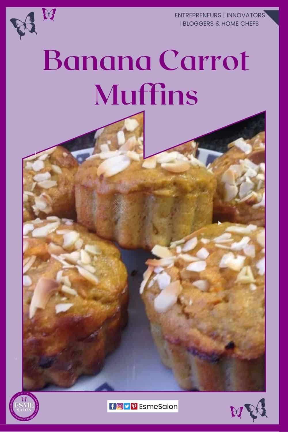 an image of 6 Banana Carrot Muffins with slivered almonds