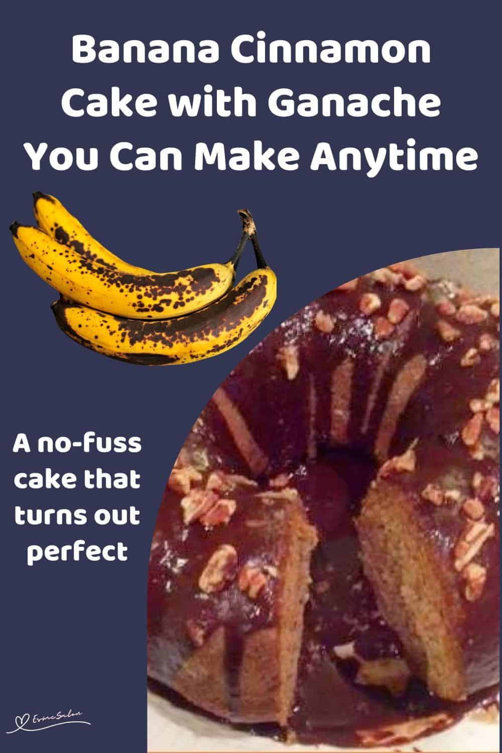 An image of a Bundt Banana Cinnamon Cake with Ganache, decorated with chopped pecan nuts