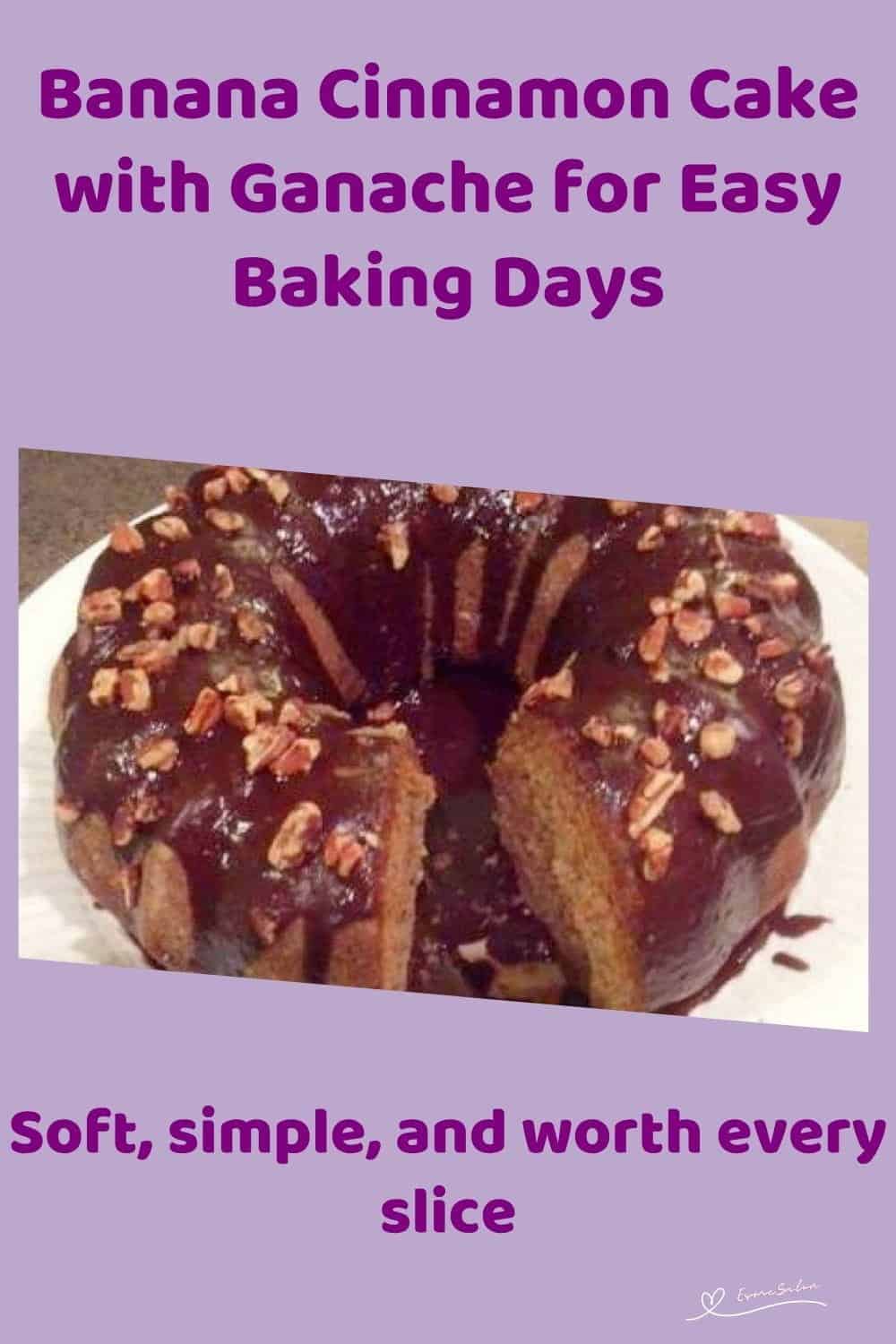 An image of a Bundt Banana Cinnamon Cake with Ganache, decorated with chopped pecan nuts