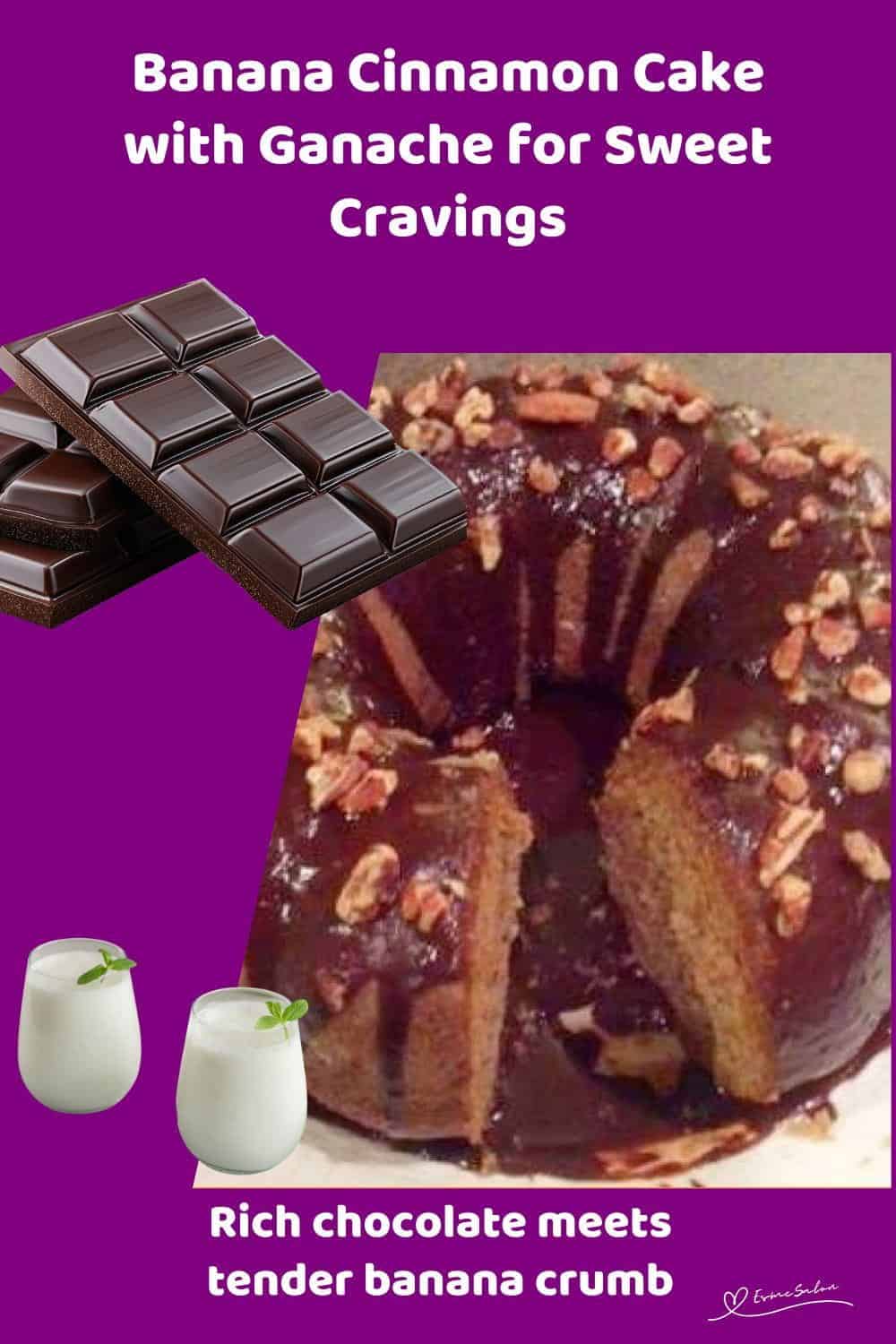 An image of a Bundt Banana Cinnamon Cake with Ganache, decorated with chopped pecan nuts