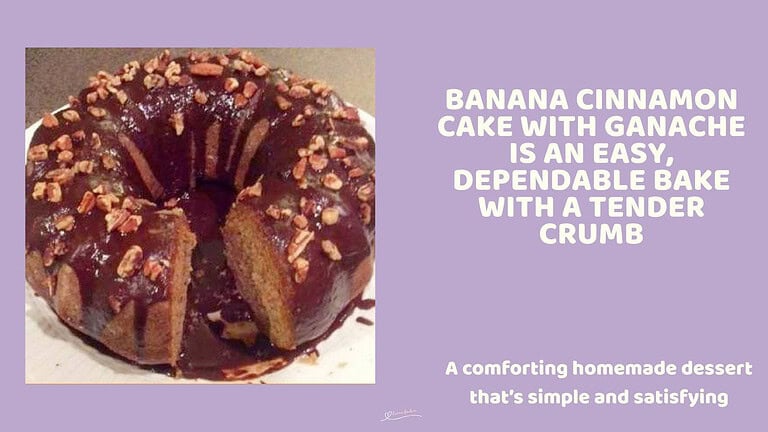 An image of a Bundt Banana Cinnamon Cake with Ganache, decorated with chopped pecan nuts