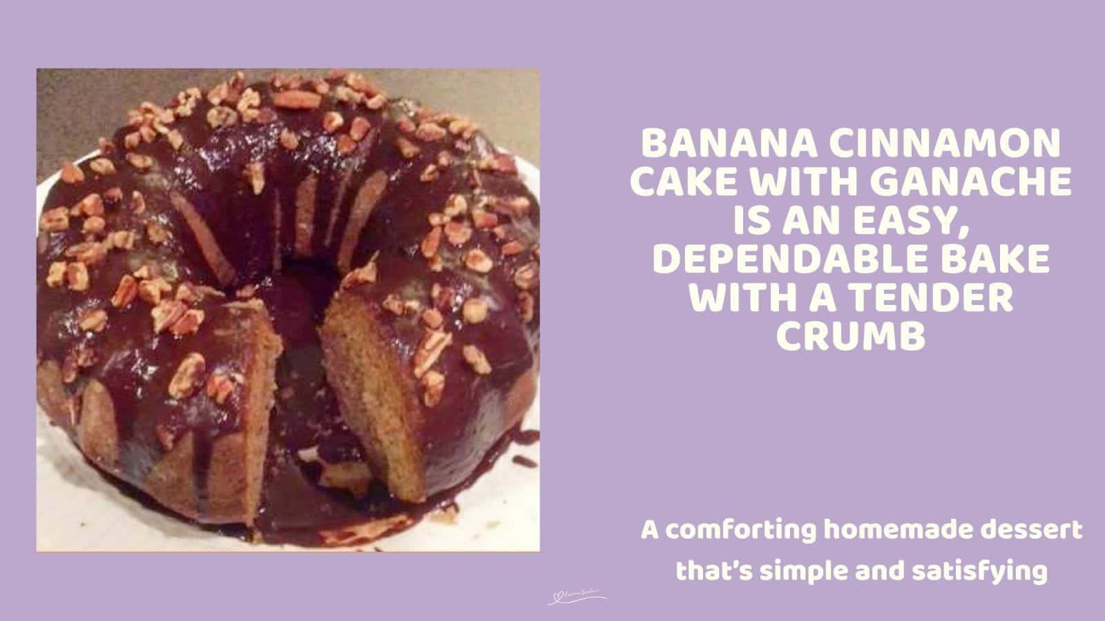 An image of a Bundt Banana Cinnamon Cake with Ganache, decorated with chopped pecan nuts