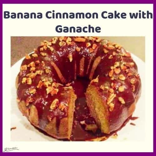 An image of a Bundt Banana Cinnamon Cake with Ganache, decorated with chopped pecan nuts