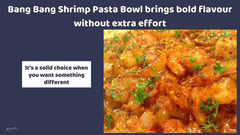 An image of a platter filled with Bang Bang Shrimp Pasta