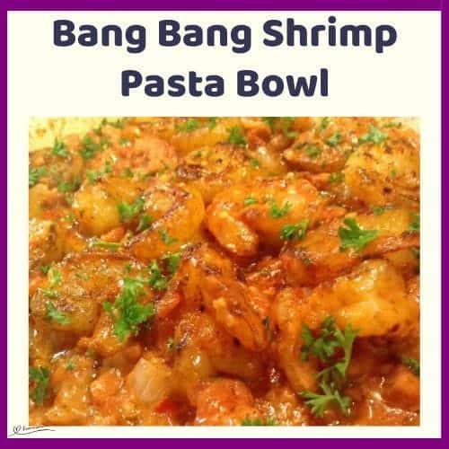 An image of a platter filled with Bang Bang Shrimp Pasta