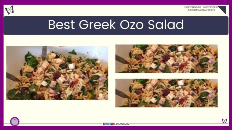 an image of a bowl of the Best Greek Ozo Salad with fetta, orzo, peppers and spinach