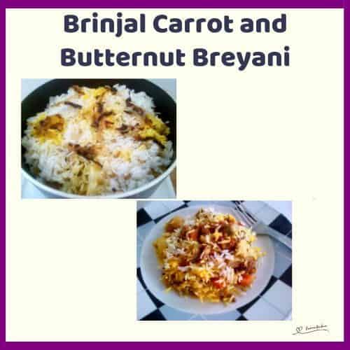 An image of a plate with Brinjal, Carrot and Butternut Breyani with saffron rice and lentils