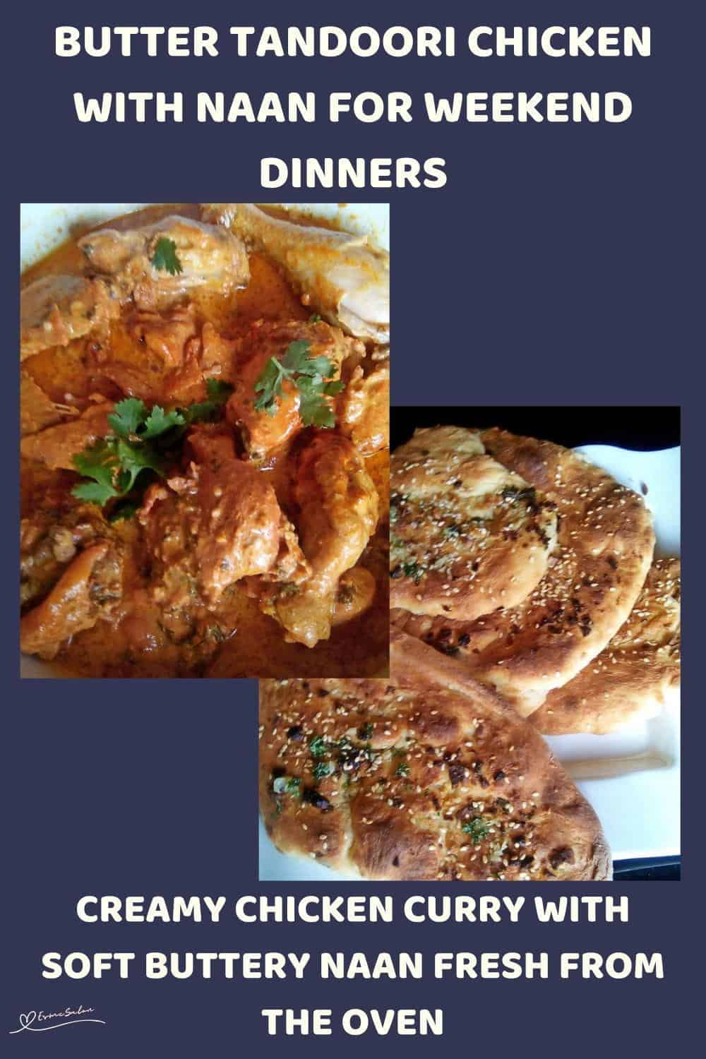 An image of a dish filled with Butter Tandoori Chicken With Naan on the side