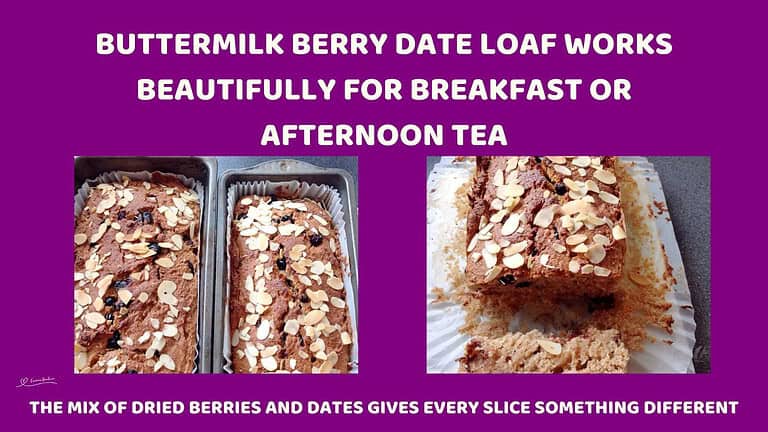 An image of a Buttermilk Berry Date Loaf topped with slivered almonds