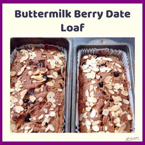 An image of a Buttermilk Berry Date Loaf topped with slivered almonds