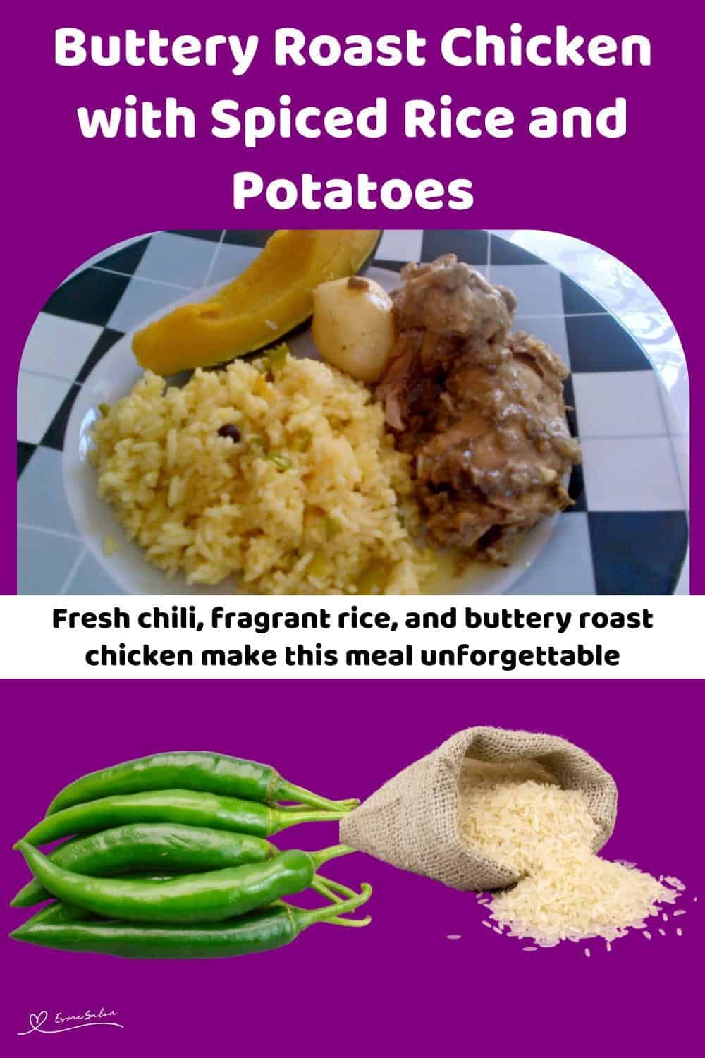 An image of a plate of Roast Chicken with Spiced Rice with a side of veggies