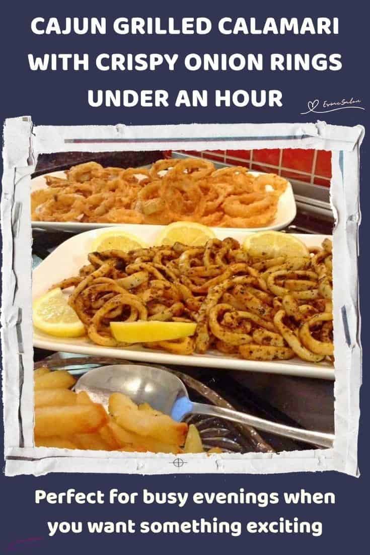 An image of 3 different platters with Cajun Grilled Calamari with Crispy Onion Rings and fries