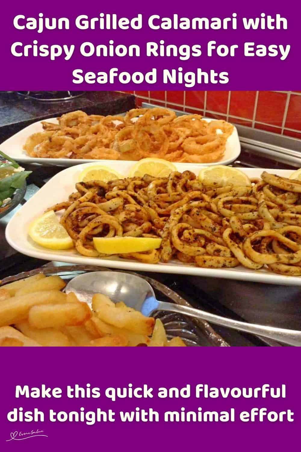 An image of 3 different platters with Cajun Grilled Calamari with Crispy Onion Rings and fries