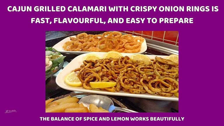 An image of 3 different platters with Cajun Grilled Calamari with Crispy Onion Rings and fries