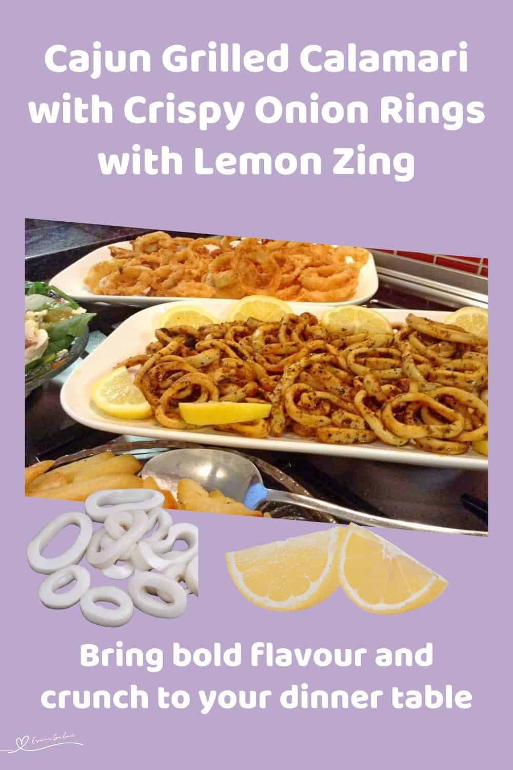 An image of 3 different platters with Cajun Grilled Calamari with Crispy Onion Rings and fries