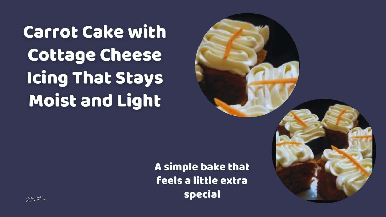 An image of blocks of Carrot Cake with Cottage Cheese Icing, with a thinly sliced piece of carrot as decoration.
