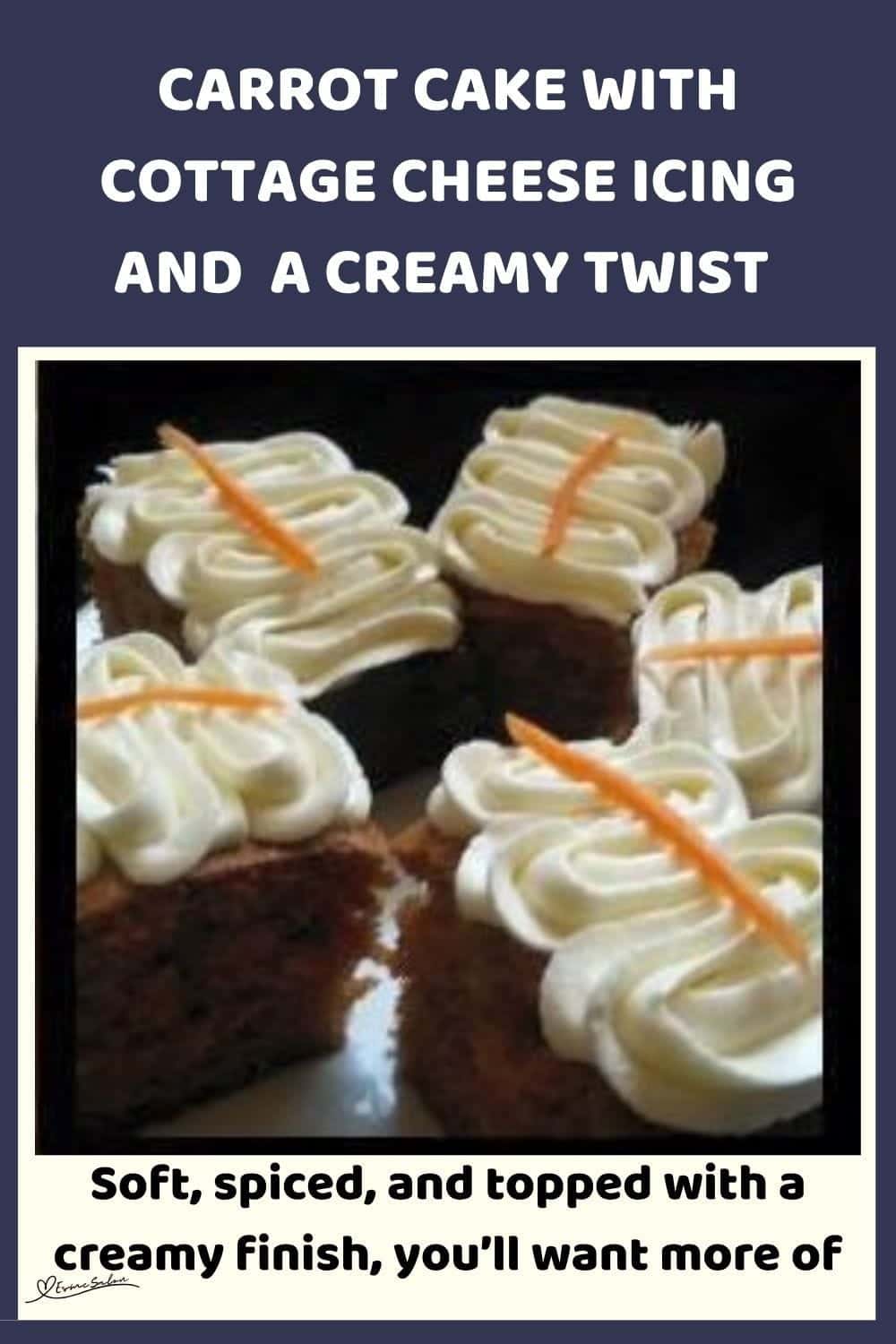 An image of blocks of Carrot Cake with Cottage Cheese Icing, with a thinly sliced piece of carrot as decoration.