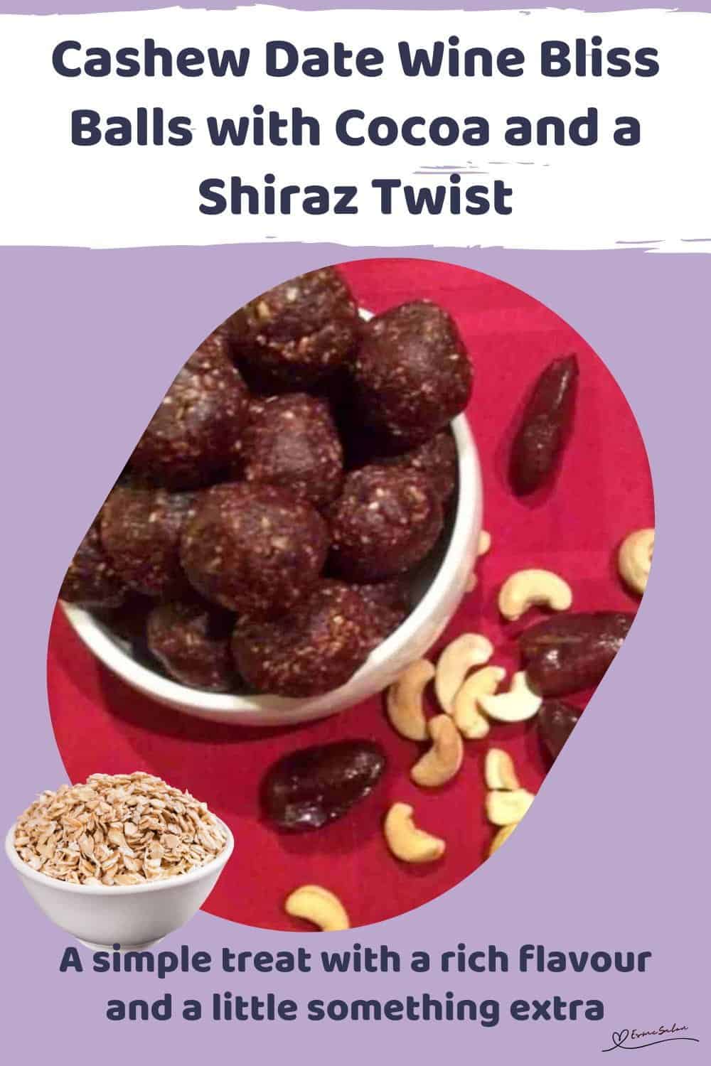 An image of a white bowl with Cashew Date Wine Bliss Balls on a red background