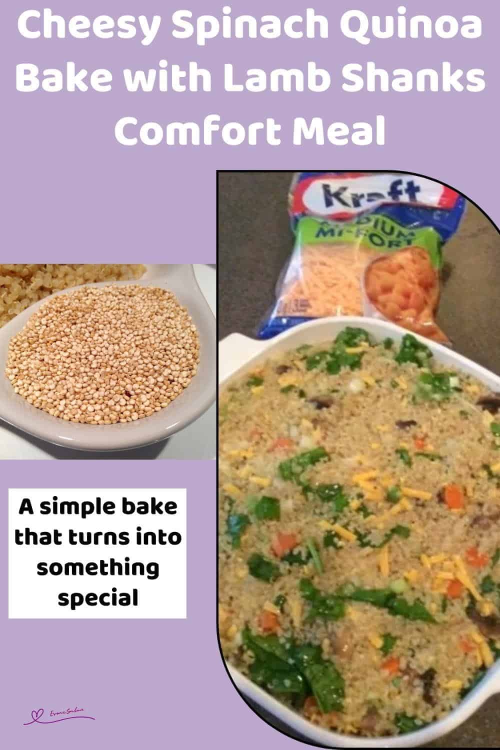 An image of a white dish with Cheesy Spinach Quinoa Bake and Lamb Shanks on the side