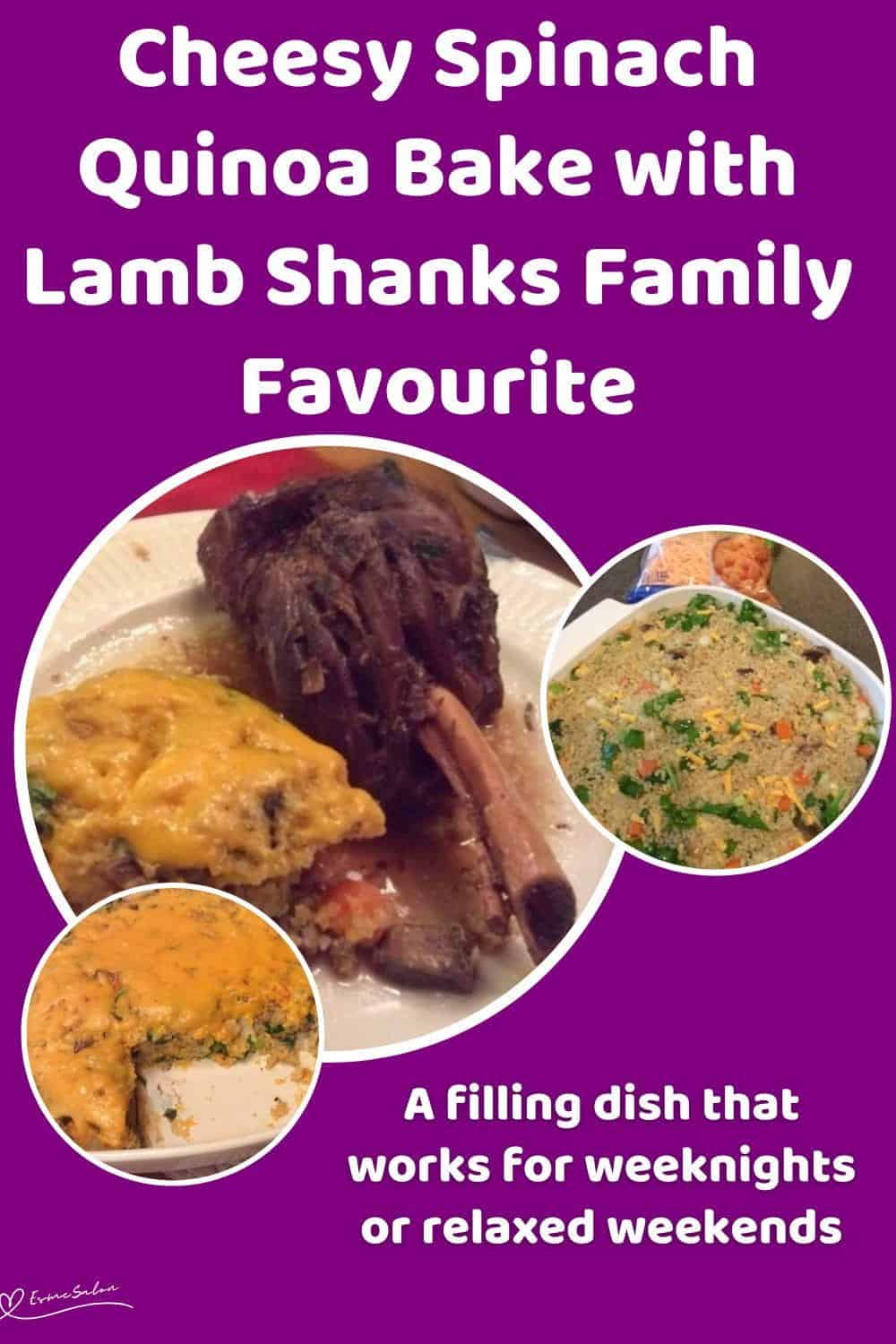 An image of a white dish with Cheesy Spinach Quinoa Bake and Lamb Shanks on the side