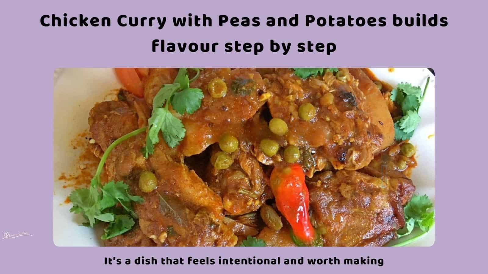 An image of a white plate filled with Chicken Curry with Peas and Potatoes