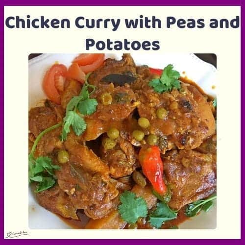 An image of a white plate filled with Chicken Curry with Peas and Potatoes
