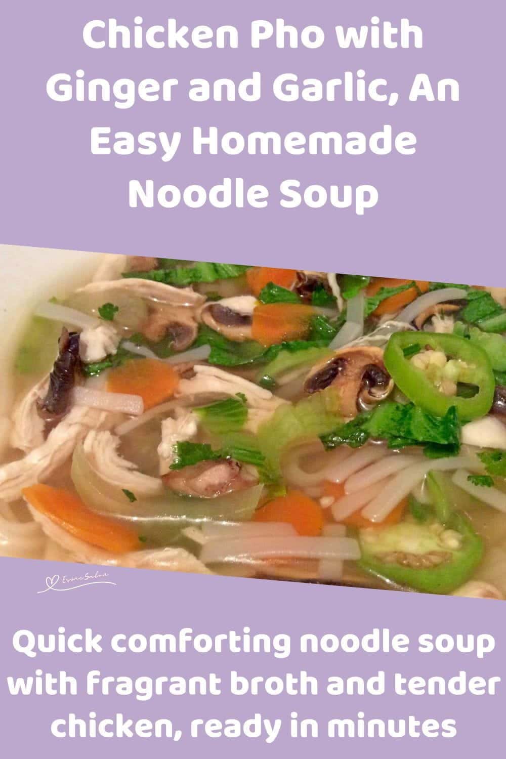 An image of a bowl of Chicken Pho with Ginger, Garlic, mushrooms and carrots