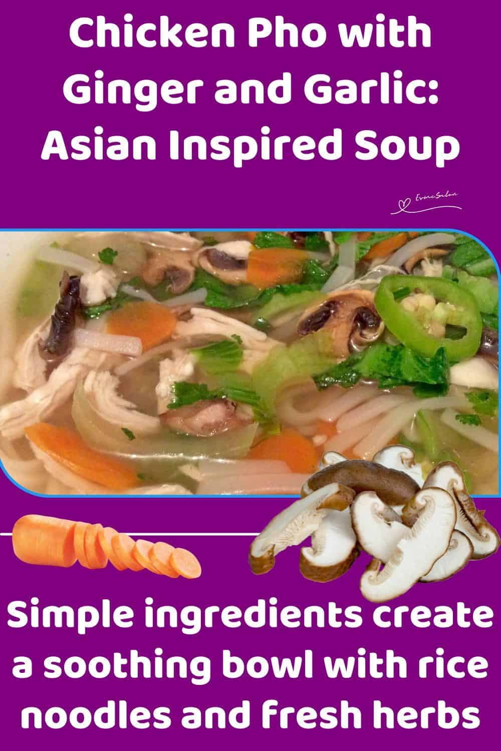 An image of a bowl of Chicken Pho with Ginger, Garlic, mushrooms and carrots