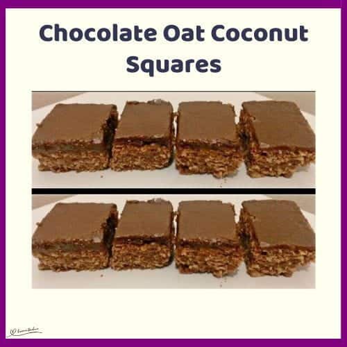 An image of cubes of Chocolate Oat Coconut Squares with Chocolate topping
