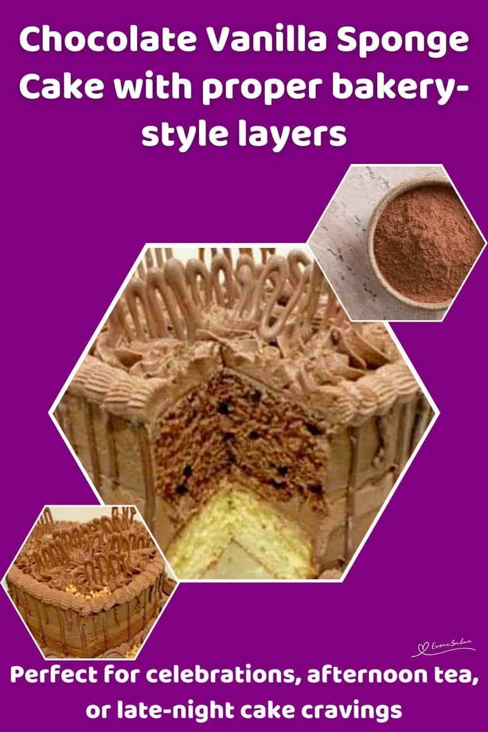 An image of a heart shaped Chocolate Vanilla Sponge Cake with rich chocolate icing