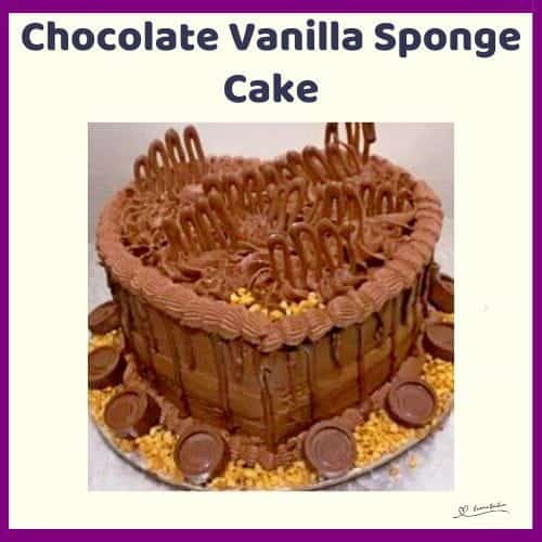 An image of a heart shaped Chocolate Vanilla Sponge Cake with rich chocolate icing