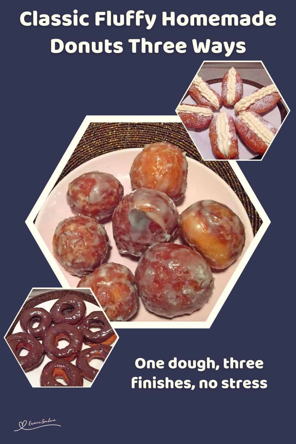 An image of Classic Fluffy Homemade Donuts, three different shapes and chocolate, glaze or cream filled