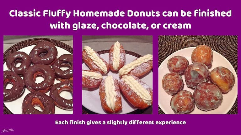 An image of Classic Fluffy Homemade Donuts, three different shapes and chocolate, glaze or cream filled