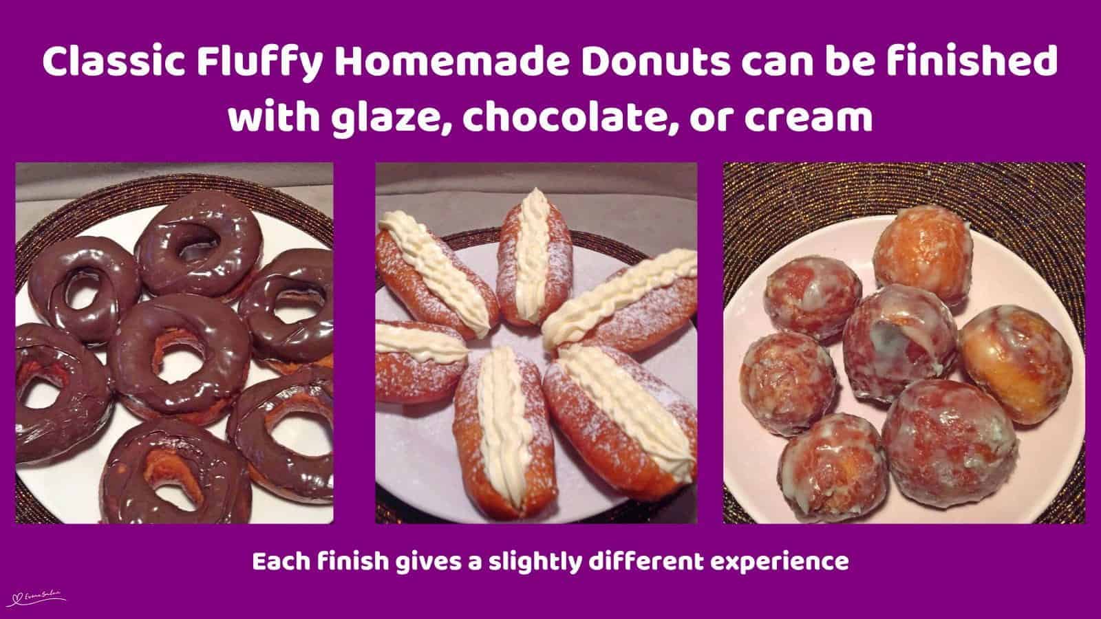 An image of Classic Fluffy Homemade Donuts, three different shapes and chocolate, glaze or cream filled