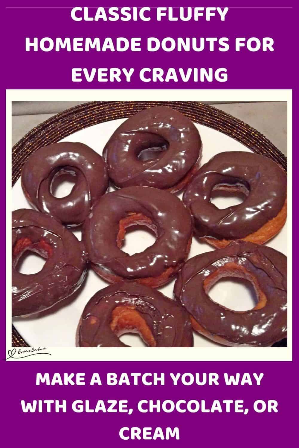 An image of Classic Fluffy Homemade Donuts, three different shapes and chocolate, glaze or cream filled