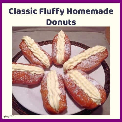 An image of Classic Fluffy Homemade Donuts, three different shapes and chocolate, glaze or cream filled