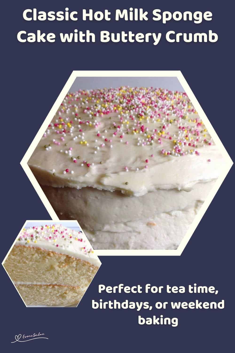 An image of a double-layer Classic Hot Milk Sponge Cake with Vanilla butter icing and colored sprinkles