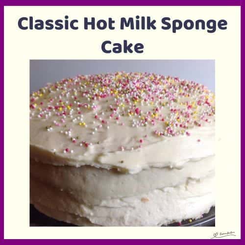 An image of a double-layer Classic Hot Milk Sponge Cake with Vanilla butter icing and colored sprinkles